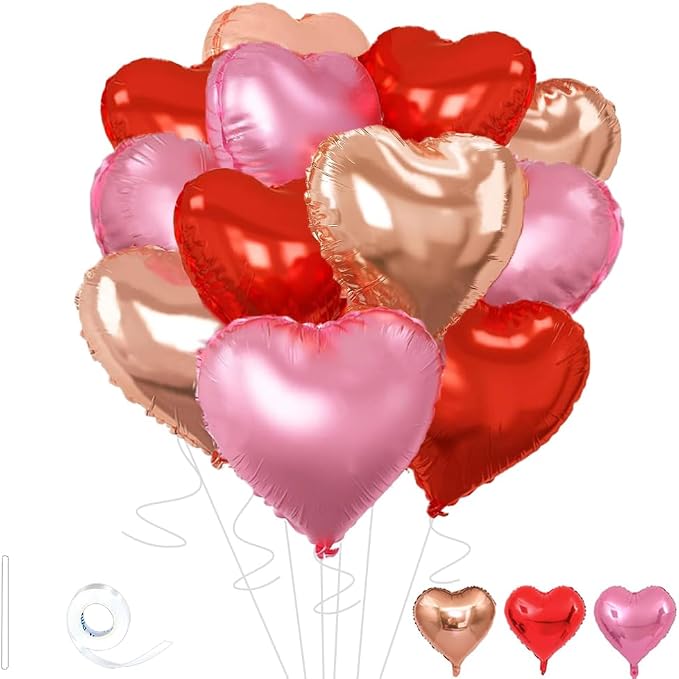 Rose Gold & Red Heart Balloons，18 Inch Light Pink Foil Love Heart Shaped by Wuhetyo
