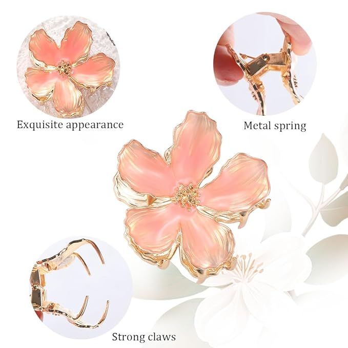 4Pcs Hair Clips for Women Large Non-Slip Strong Metal Hair Claw: Flower Pink Blue Sparkly Jaw Claws for Thick Hair