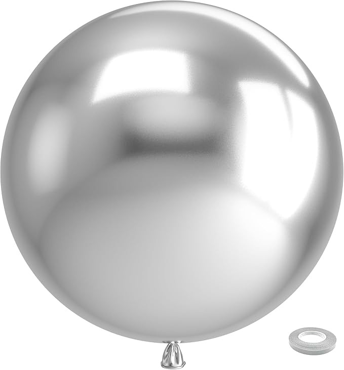 Bezente Metallic Silver Giant Latex Round Balloons 36 Inch 8 Pack | Chrome by Bezente