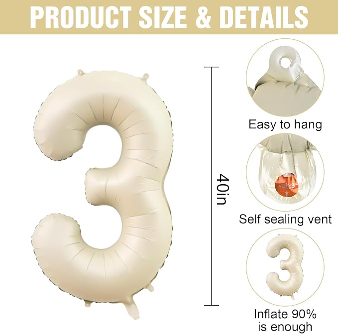 Number 3 Balloon Beige, 40 Inch Large Cream Foil 3 Helium Balloons - Image 2