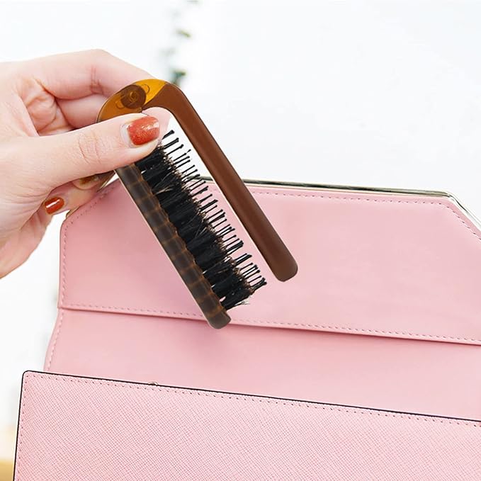 Travel Folding Hair Brush, Collapsable Portable Pocket Boar Bristle Hair Brush for Thin Thick Hair, Mini HairBrushfor Men Women Kids Thick Thin Curly Straight Wet Dry Hair Restore Shine Fold x1 Amber