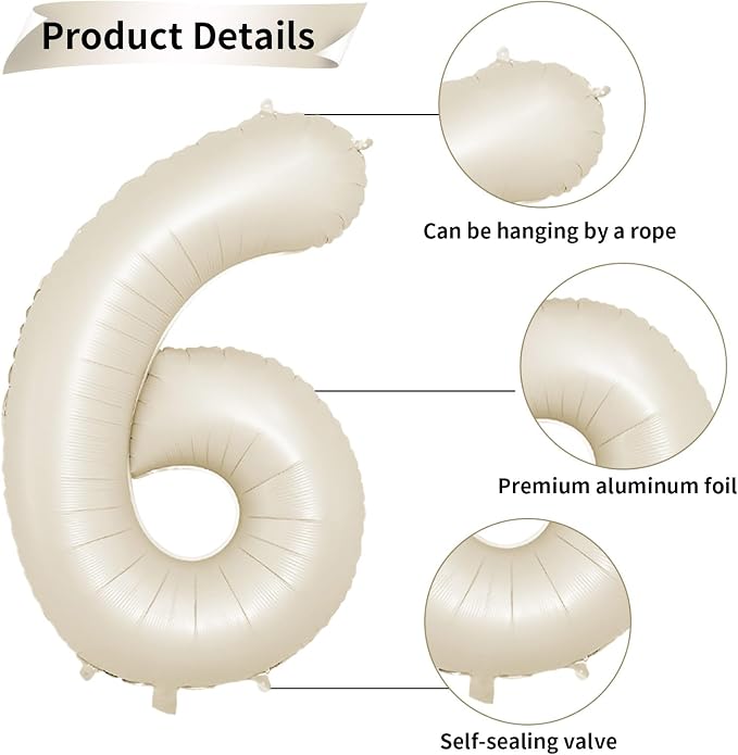 40 Inch Cream Number 6 Balloon, Digital 6 Cream White Giant 6 Foil Balloon - Image 3