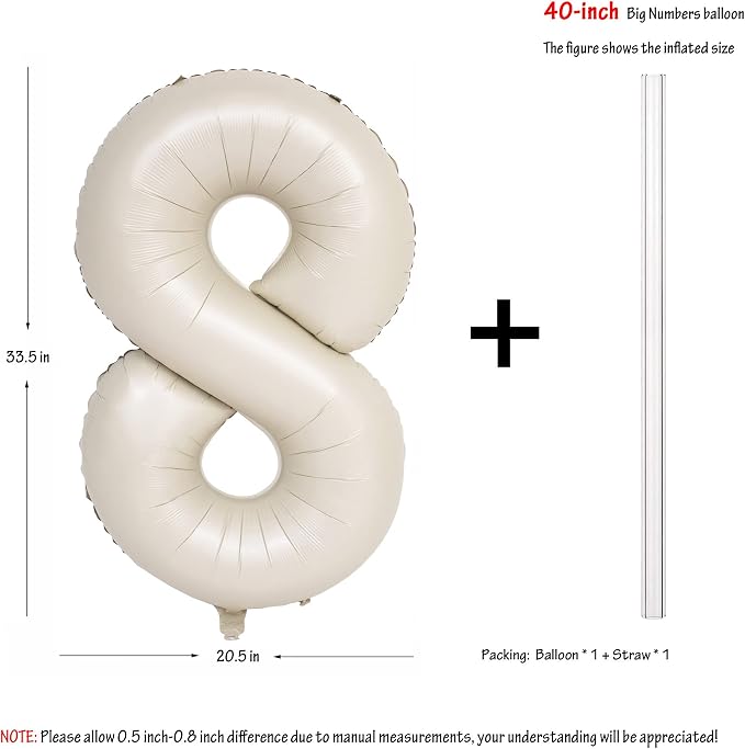 40 In Cream white Number Balloons 8 Helium Foil Mylar Balloon Digital 8 | - Image 2