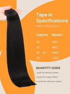DOORES Hair Extensions Tape in, Jet Black 22 Inch 100g 40pcs,Tape in Human Hair Extensions Remy Straight Seamless Tapeins Extensions Skin Weft