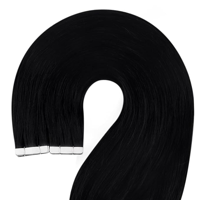 YoungSee Human Hair Tape in Extensions Black Tape in Hair Extensions Jet Black 16 Inch Tapes Hair Extension Real Human Hair Black 20pcs 50g Invisible Tape-in Human Hair for Adding Volume