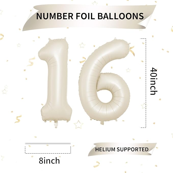 Biapian 40 Inch Cream Number 16 Balloon, 16th Birthday Balloons, Big Digital 16 - Image 2