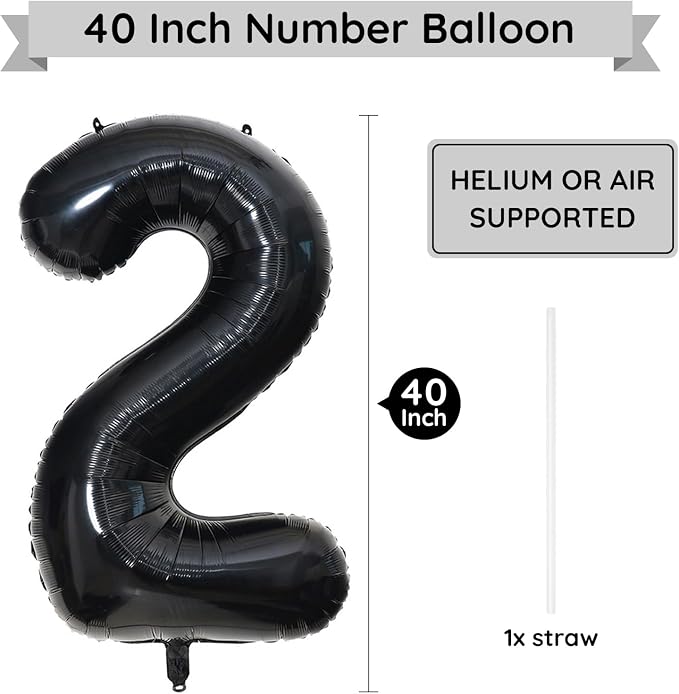 40 Inch Black Number Balloon 2, Large Number Foil Balloons Mylar - Image 2