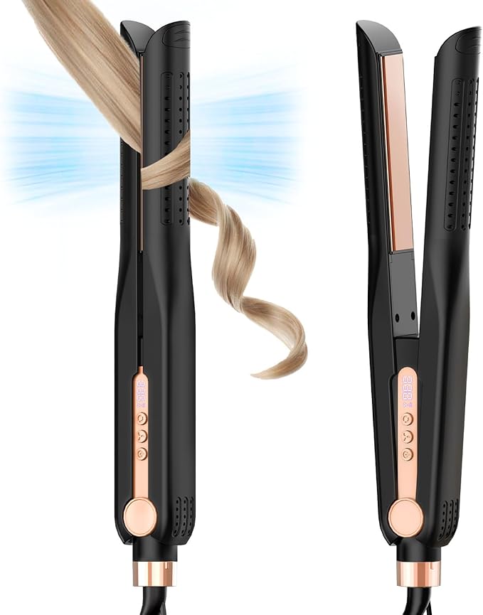 SKIMI Airflow Styler, Titanium Flat Iron Hair Straightener, Professional Curling Iron with Cooling Air Vents to Lock in Style, 5 Temps & Dual Voltage, Auto Off (Black & Rose Champagne).