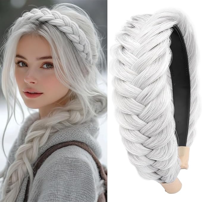 DIGUAN Wide Messy Braided Headband With Teeth Synthetic Hair Plaited Headband High Elasticity Braids Chunky Fishtail Braided Hair Band Hairpiece for Girls Women (White Gray)