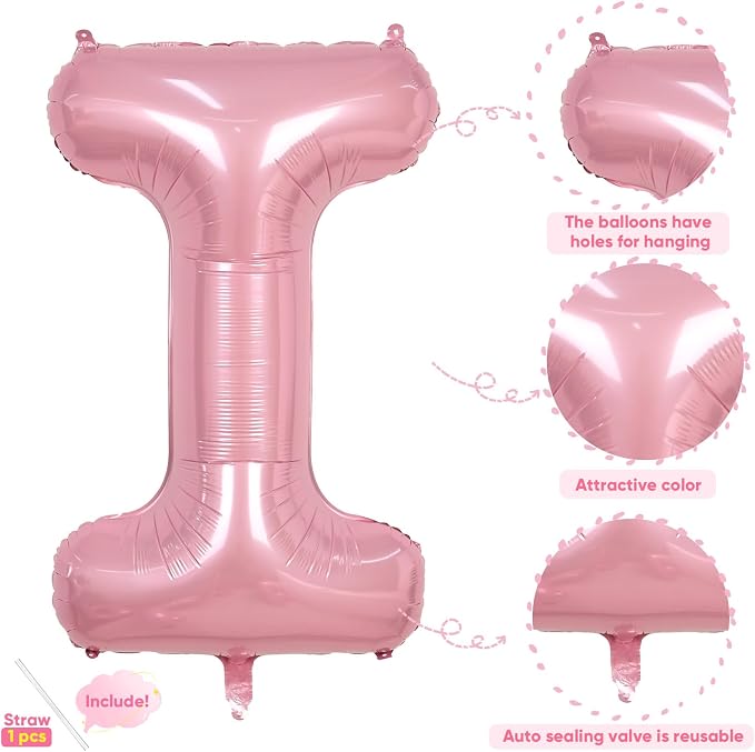 Pink Letter Balloon I, 40 Inch Big Pastel Pink Foil Helium Alphabet I Letter - Image 3