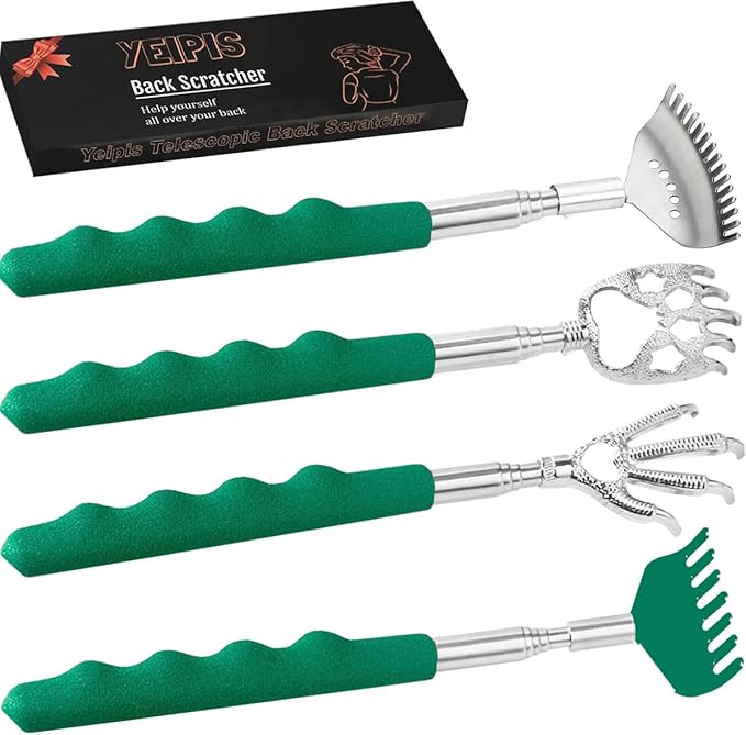 4PCS Different Back Scratcher Metal Portable Telescoping Back scratchers with Rubber Handles, Extendable Back Massager Tool, Great Gift for Men Women Kids Adults(Green)