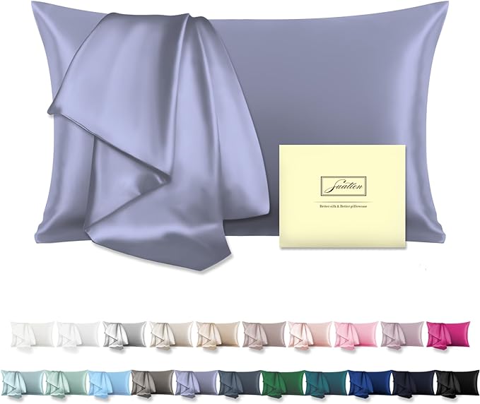 Natural Mulberry Silk Pillowcase for Hair and Skin Queen Size 20"X30" Silk Pillow Case with Hidden Zipper Soft Breathable Smooth Cooling Silk Pillow Covers for Sleeping(Grayish Blue,Queen,1Pcs)