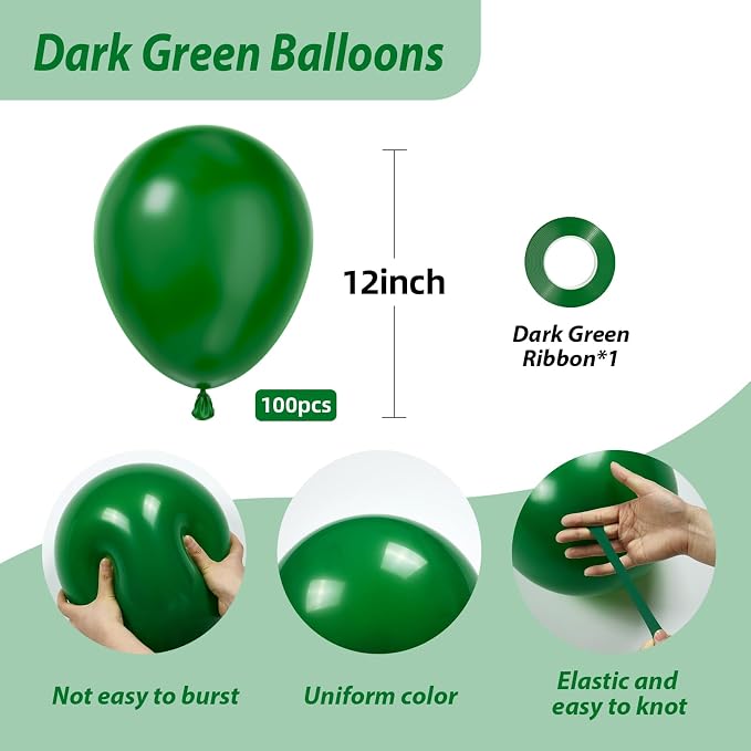 100 Pack Dark Green Balloons 12 inch, Dark Green Latex Balloons | Birthday - Image 2