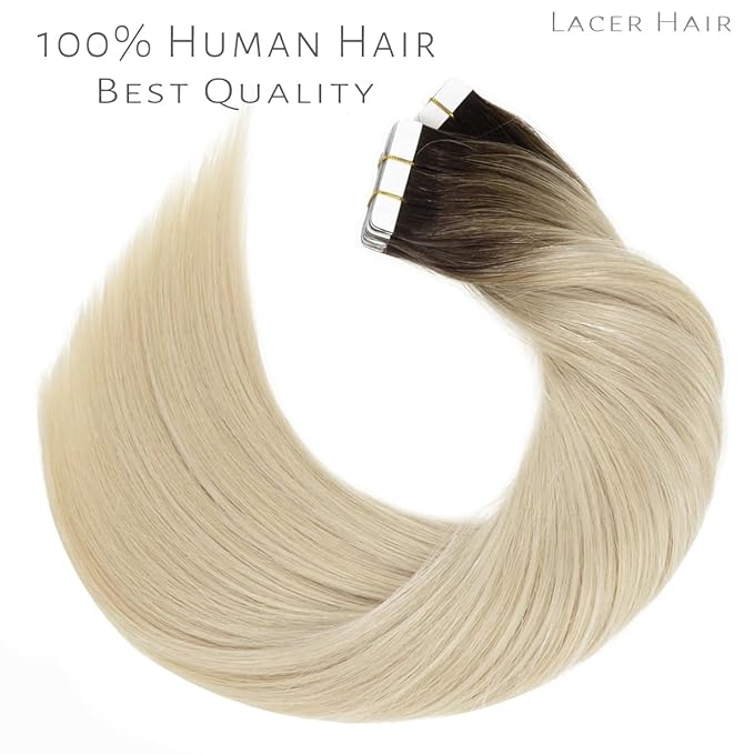Lacer Tape in Hair Extensions Human Hair Dip Dyed Ombre Darker Brown to Platinum Blonde Seamless PU Skin Weft Natural Hair 20 Inch Invisible Tape in Human Hair Extensions Double Side 50g 20pcs/set
