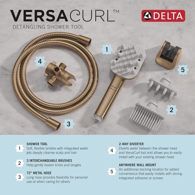 Delta VersaCurl Detangling Handheld Shower Head Tool for Curly Hair with 3 Curl Defining Brush Inserts Included, Detangler Brush Hand Shower with Hose, Champagne Bronze 74B430CZ