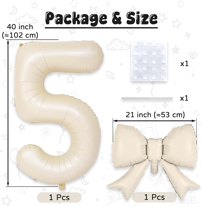 40 Inch Beige Number 5 with Bow Balloons, Giant Self Inflating Cream Foil - Image 2