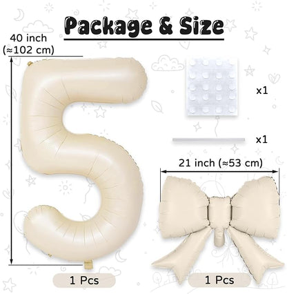 40 Inch Beige Number 5 with Bow Balloons, Giant Self Inflating Cream Foil - Image 2