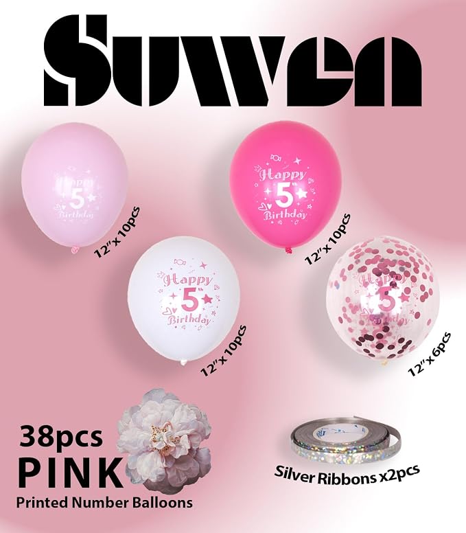 SUWEN Pink 5th Number Printed Balloons 38PCS 12 Inch | 1-9 Latex Balloons Happy - Image 5
