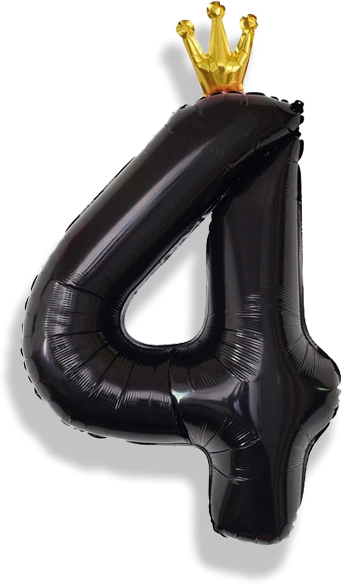 Crown Number Balloons 4 for Kids, Large Black Number Balloon 0-9 Set, Foil by Isndare