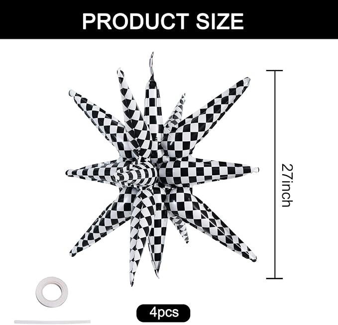 TONIFUL 4 Pcs Checkered Explosion Star Balloons Race Car Themed Party Decor | - Image 2