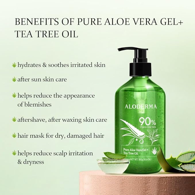 Aloderma Organic Aloe Vera Gel for Skin + Tea Tree Oil, Made within 12 Hours of Harvest, Soothing Pure Aloe Vera Gel for Face, Works Great for Oily Skin, Dry Scalp, Aftershave, Natural Aloe - 10.6 Oz