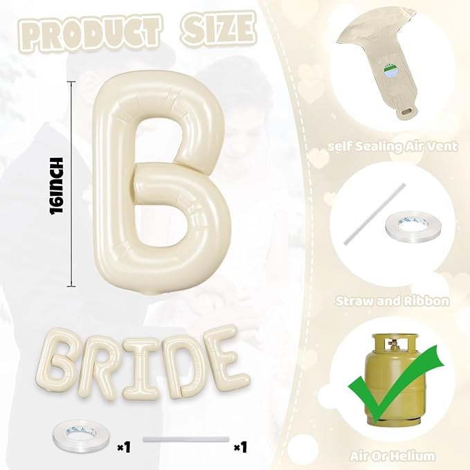 BRIDE Balloons Bachelorette Party Decorations, 16 inch Cream Beige Bride Letter - Image 2