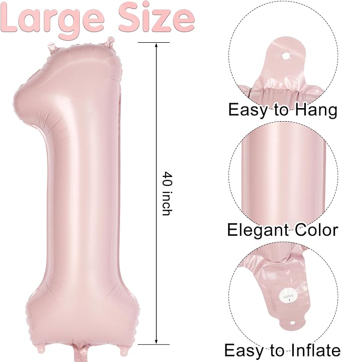 Light Pink Number 1 Balloon, 40 Inch Giant Mylar Number Balloons, Large Foil - Image 2