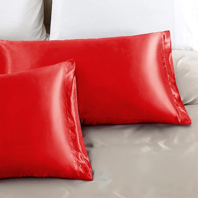 Aormenzy Satin Pillow Cases for Women Queen Size Set of 2, Red Satin Pillowcase for Hair with Envelope Closure Silky Pillow Covers Wrinkle, Fade Resistant (20x30 Inches)