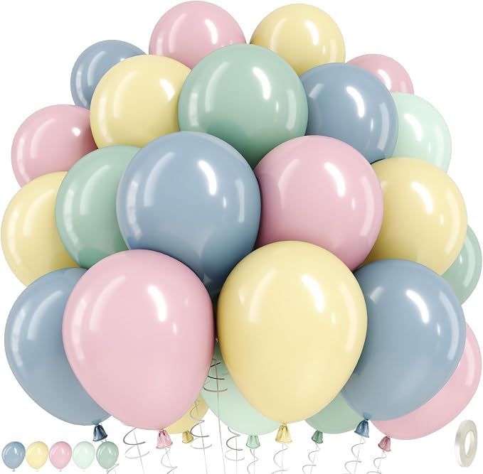 Pink Green Blue Balloons, 12 Inch Pastel Pink Sage Green Dusty Blue Yellow by TAOYE