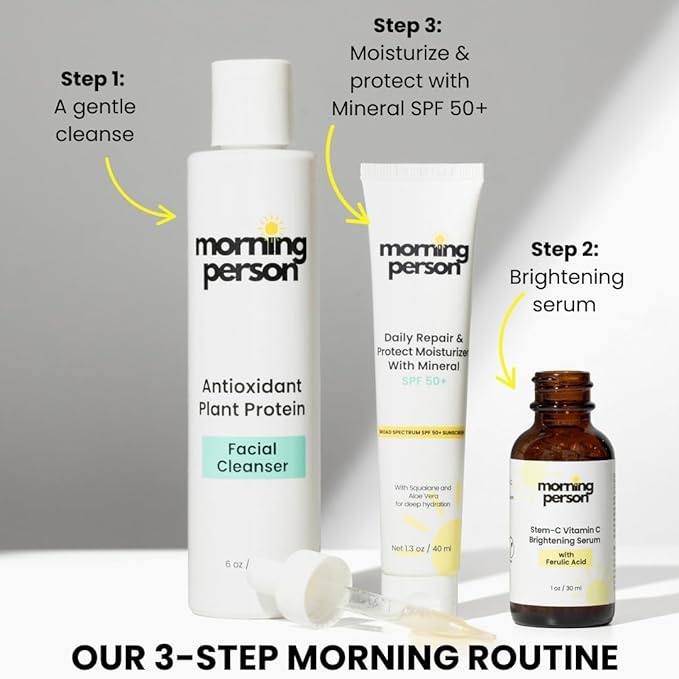 Morning Person Antioxidant Plant Protein Facial Cleanser - Calming And Soothing With Green Tea And Aloe Vera - Hydrating And De-Puffing - Sulfate and Paraben Free