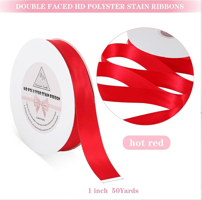Red Satin Ribbon for Gift Warping, 1inch 50 Yards Solid Polyester Fabric - Image 2