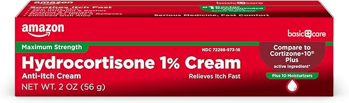 Amazon Basic Care Maximum Strength Hydrocortisone 1 Percent Anti-Itch Cream Plus 10 Moisturizers, 2 ounce (Pack of 1)