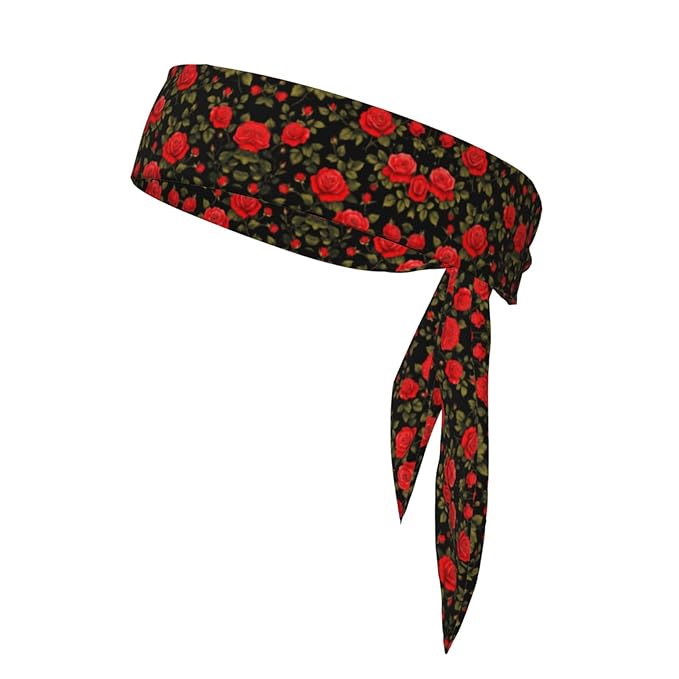 Boys Girls Sports Sweatbands, Multipurpose Long Head Band for Yoga Fitness Shower, Fashion Floral Flowers Black Red Roses Headwear Head Decor