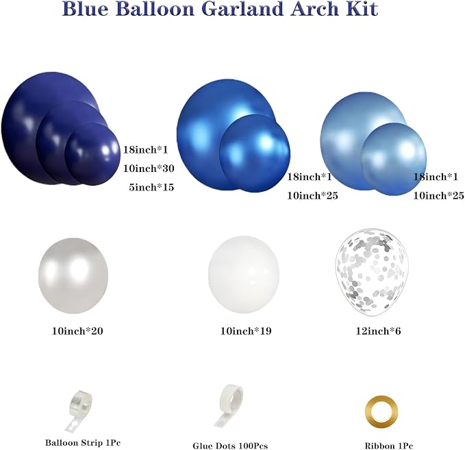 Blue White Silver Balloon Garland Arch Kit, 143 Pieces Navy Light Metallic Blue - Image 2