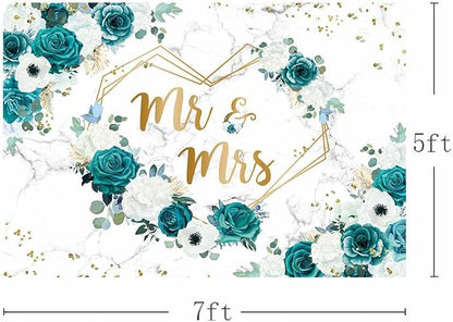AIBIIN 7x5ft Green Mr and Mrs Floral Backdrop Teal Wedding Photography - Image 3