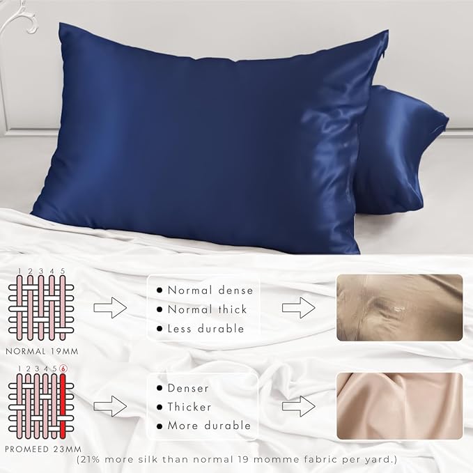 PROMEED 23 Momme Silk Pillowcase 2 Pack with Zipper, 3rd Gen Grade 6A+ 100% Mulberry Silk Pillow Case Set of 2, Cooling Pillow Cases for Hot Sleepers (Standard 20"x26", Navy)