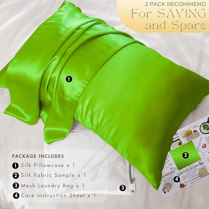 PROMEED 23 Momme Silk Pillowcase for Hair and Skin, Both Sides Upgraded Grade 6A+ Mulberry Silk Pillow Case with Zipper, Cooling Pillow Cases for Hot Sleepers (Queen 20"x30", Green)