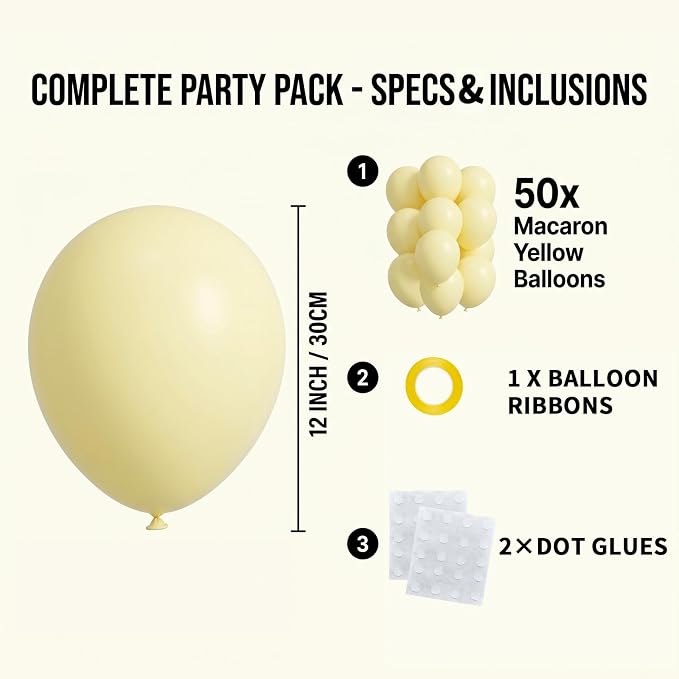 50pcs 12 Inch Matte Pastel Yellow Latex Balloons | Premium Light Yellow Party - Image 2