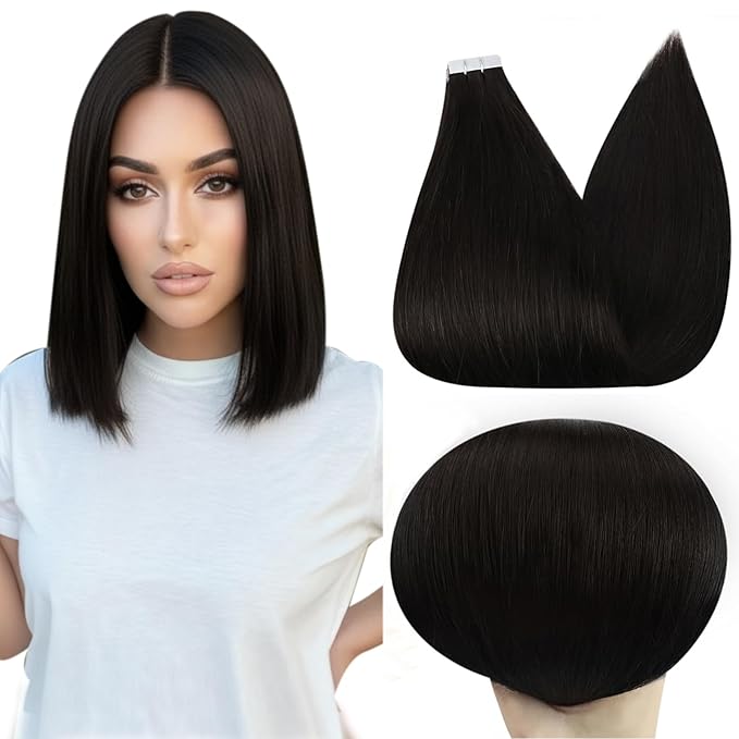 Full Shine Invisible Tape in Hair Extensions Human Hair 12Inch Skin Weft Human Hair Extensions Color 1B Black Natural Straight Remy 20Pcs 30G Double Sided Tape in Extensions Tape ins Soft Add Volume