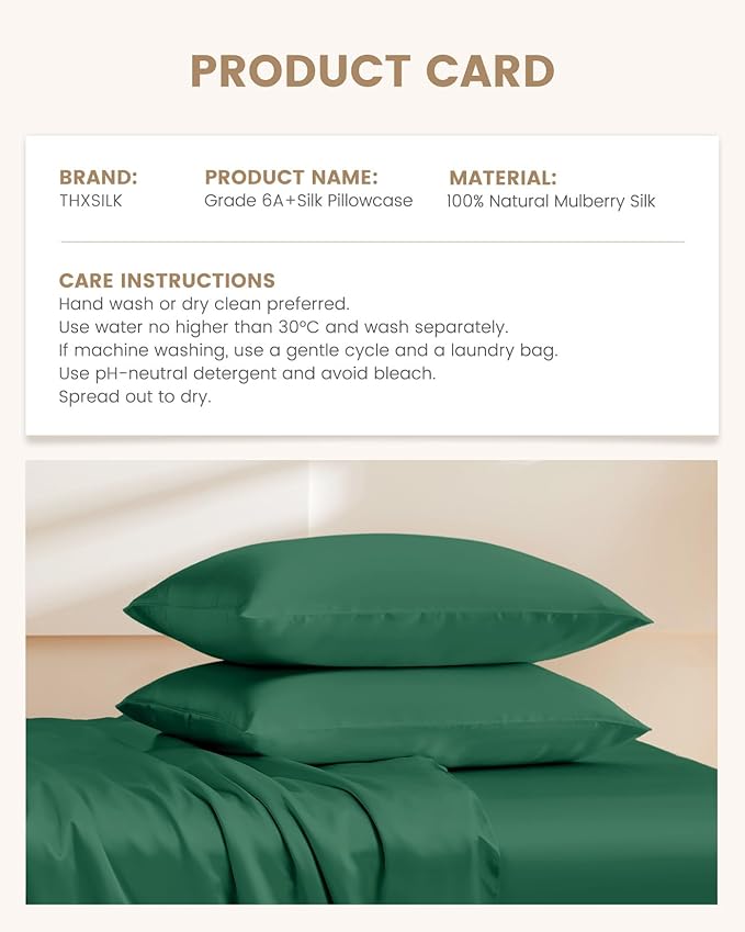 THXSILK Set of 2 100% Mulberry Silk Pillowcase for Hair and Skin, Real Mulberry Silk Both Sides, Smooth Breathable Natural Silk Sleep Pillow Cases with Hidden Zipper (Standard 20"x26", Emerald Green)
