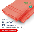 King Pillow Cases Set of 4 - Ultra Soft Hotel Quality Pillowcase Covers - Comfy, Cozy & Wrinkle Free - Shrinkage, Stain and Fade Resistant - Machine Washable Pillow Protectors - 4 Piece Set - Coral