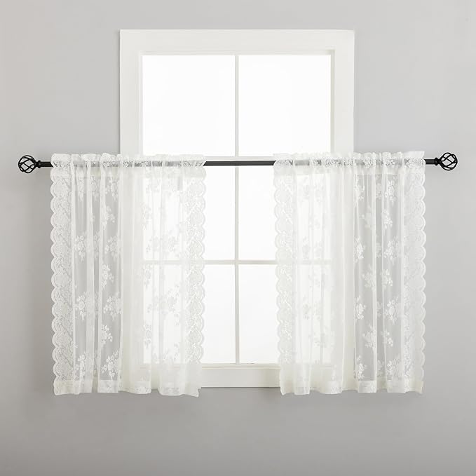 Kotile Ivory Lace Curtains for Kitchen Windows W52 x L36 Inch, 2 Panels | Rod - Image 6