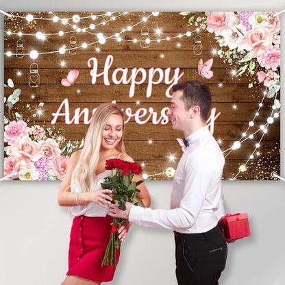 AIBIIN Pink Floral Happy Anniversary Banner Backdrop 6x3.6ft | Happy - Image 4
