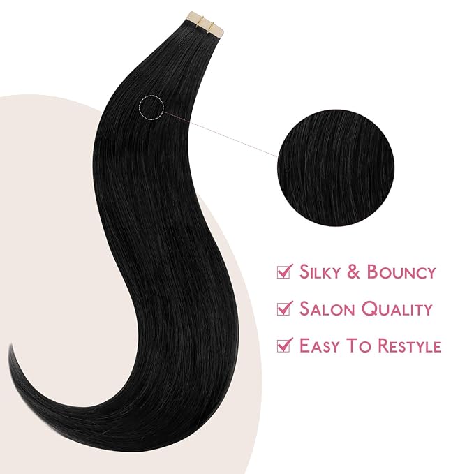 WENNALIFE Tape in Hair Extensions Human Hair Jet Black Tape in Extensions, 10pcs 30g 20 inch Remy Invisible Tape Ins Straight Colored Soft Real Human Hair Tape in Extensions Refill Set Extensions