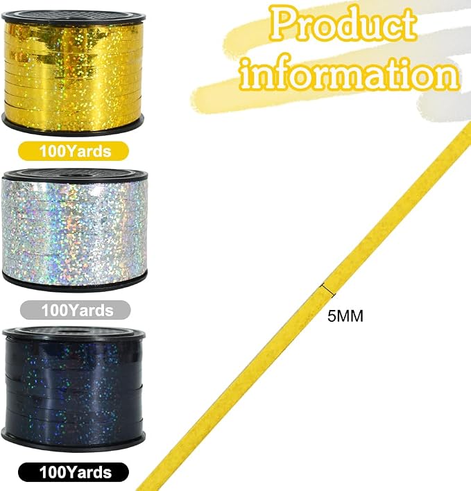 BEISHIDA 3 Pack 100 Yards Gold Silver Black Curling Crimped Glitter Ribbon - Image 2