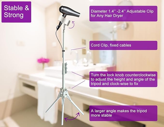 Hair Dryer Stand White 20-63 Inch Adjustable Blow Dryer Holder with Tripod and Universal Clip, Easy to Use, Hands Free Relieve Wrist Pain, Shoulder Periarthritis etc