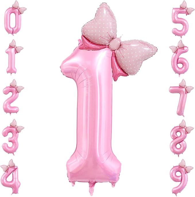 40 inch Number 1 Balloon with Bow Pink Happy Birthday Jumbo Number Balloon by OIBUTUR