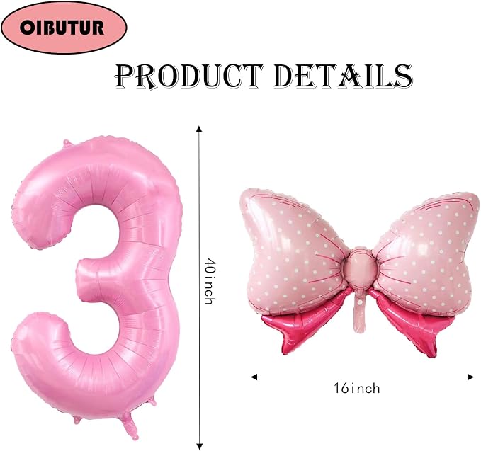 40 inch Number 3 Balloon with Bow Pink Birthday Number Balloon - Image 2