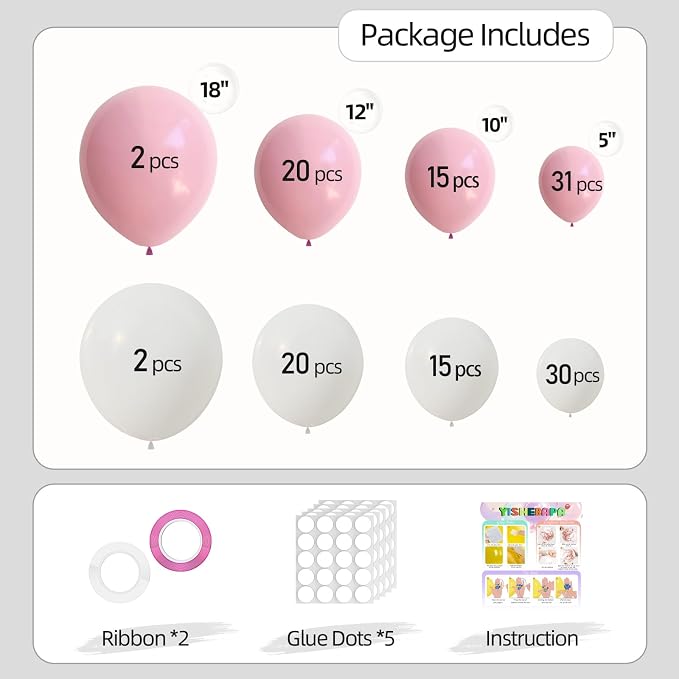 135pcs Pink and White Balloons Arch Kit Different Sizes of 18 12 10 5 Inch Off - Image 2