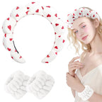 Zkptops Spa Headband for Washing Face Wristband Set Sponge Makeup Skincare Velvet Fabric Bubble Soft Get Ready Hairbands for Women Puffy Headwear Non Slip Thick Thin Hair Accessory (Red Heart)
